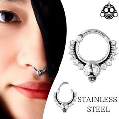 ワンタッチピアス 16G スカル＆ジルコニア クリッカー 金属アレルギー対応 ステンレス つけっぱなし 軟骨ピアス ヘリックス ロブ セプタム