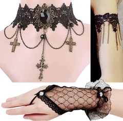 ゴスロリ チョーカー 3点セット 十字架 レース 手袋 ブレスレット セット ゴ