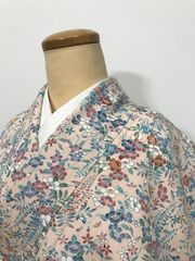 【中古】 Mサイズ 小紋 正絹 ピンク地に草花模様 袷着物 
