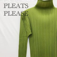PLEATS PLEASE プリーツプリーズ ハイネック 長袖 カットソー ライトグリーン 品質表示タグなし シミ有り 変形 レディース