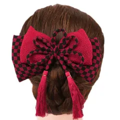 髪飾り リボン 卒業式 袴 成人式 赤 振袖 前撮り 市松 はいからさん 房付き かんざし 和柄 ちりめん 古典 レトロ ヘッドドレス No.9-4039