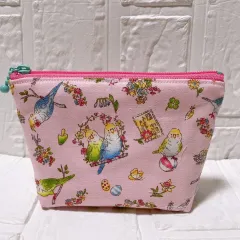 ミニポーチ　ファスナーポーチ　マチ付き　ハンドメイド　小鳥柄　インコ
