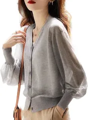 Eve Evan(イヴ エヴァン) イヴエヴァン パフスリーブ ニット カーディガン 透け感 Vネック 羽織 レディース(グレー,  L)