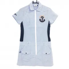 【超美品】フィラゴルフ 半袖ワンピース ライトブルー×白 ボーダー サッカー生地 ジップ レディース M ゴルフウェア FILA GOLF