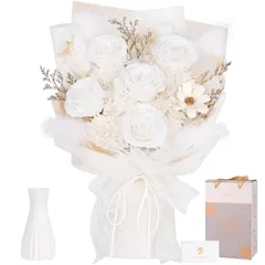 新品 プリザーブドフラワー 白い 5本バラ 花束 花瓶付き 枯れない花 女性 人気 ブーケ 誕生日 プレゼント 敬老の日 ギフト