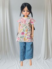 1/6ドール用アウトフィット・カジュアル2点セット　フレンチスリーブチュニック＆ロングパンツ　花柄