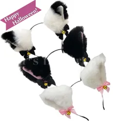 カチューシャ レディース 猫耳 黒猫 黒 白 ピンク ヘアバンド ファー素材 リボン付き ハロウィン
