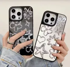 iPhoneケース スマホケース iPhoneカバー スマホカバー 衝撃防止 耐衝撃 ミラー付き シルバー ブラック お洒落 韓国 花柄 ハート 星