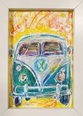 チョビベリー作 「レトロかわいいワーゲンバス」水彩色鉛筆画　ドローイング ポストカード