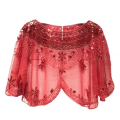 [トカリリ] 社交ダンス トップス レディース パーティー ビーズ刺繍 フォーマル シースルー トップス パーティー衣装 結婚式 ドレス ストール ゴールド ダンス衣装 (赤) [レッド]