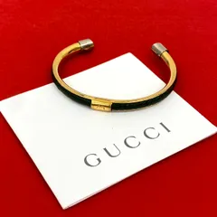 極 美品 GUCCI グッチ GG ロゴ レザー 本革 バングル ブレスレット アクセサリー 小物 ゴールド グリーン 513-2のサムネイル