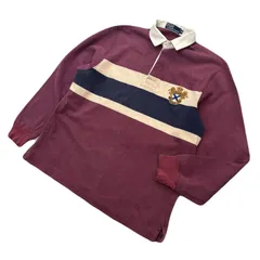 POLO RALPH LAUREN 長袖 ラガーシャツ メンズ M エンジ × アイボリー × ネイビー  ボーダー 【 ナイガイ製 エンブレム刺繍 】 バーガンディ ポロラルフローレン ●EB358