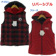 トミーヒルフィガーゴルフ TOMMY HILFIGER GOLF ジャケット ベスト リバーシブル ナイロン フリース フーディー ロゴワッペン ロゴ刺繍 中綿入り ダブルジップ 撥水 伸縮性 防風性 チェック レッド 赤 ネイビー 紺 LL