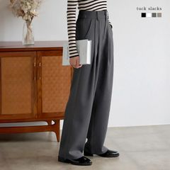 3A40 ■ タックパンツ ハイウェスト タックスラックス 後ろゴム ポケット付き ロングパンツ ボトムス カジュアル 脚長効果 着痩せ ゆったり リラックス 秋冬 無地 お出かけ デート 240919pt