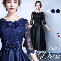 ☆ Mサイズ ☆ レディース ドレス ワンピース pmydress01 ドレス ワンピース パーティードレス フォーマルドレス 袖あり 七分袖 膝下丈 ミモレ丈 ウエストリボン レース フレア ロングドレス フォーマル 結婚式 発表会 演奏会