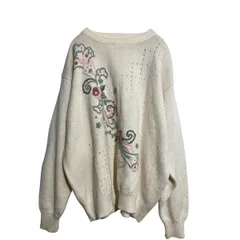 アクリル混紡 ニット セーター レディース 2XL～ ホワイト 花柄刺繍 肩パッド 古着卸 アメリカ仕入 a612-7270