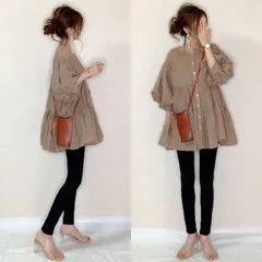 フレアブラウス ボリューム袖ブラウス レディース 春夏 チュニック ティアードブラウス 七分袖 パフスリーブ スタンドカラーブラウス 大きいサイズ ゆったり 綿混 トップス 前開き ふんわり キレイめ ゆる カジュアル ナチュラル xzjhxsb#