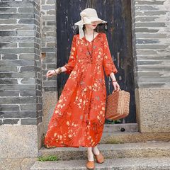 ロングワンピース レディース 花柄 森ガール ゆったり マキシワンピ vネック 着痩せ 春夏 ミディアム丈 膝丈 aライン デート お出掛け 復古 民族風 ハワイアン 5分袖 リゾートワンピース 薄手 カジュアル