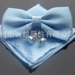 蝶ネクタイ カフス チーフ 3点セット　結婚式　発表会　卒業式　入学式 パーティー イベント ダンスパーティー バーテンダー ビジネス 　ライトブルー色　水色　ユニセックス　ワンタッチ　格安 メンズネクタイ ポケットチーフ カフスボタン 3点 セット