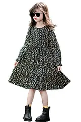 ブラック＋長袖_130 [美瑛屋] 子供服 可愛い花柄 ワンピース 長袖 女の子 春 秋 小花柄 フリル袖 フレア 韓国服 発表会 結婚式 お呼ばれ 普段着 旅行 七五三 フォーマル カジュアル ブラック 130