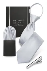 ギフトボックス 礼服用 撥水防汚加工済 シルバー 10秒装着 【チーフ&タイピン付き】 結婚式 ワンタッチネクタイ [心愛箱]