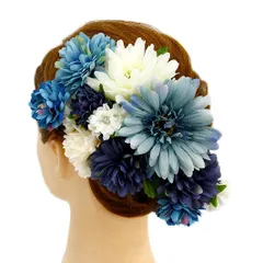 髪飾り 成人式 振袖 浴衣 卒業式 袴 結婚式 2点セット 青 花 和 洋 かんざし 手作り 簪 つまみ細工 ちりめんフォーマル 花飾り 玉飾り ブライダル W 68 304-223  o832　Si