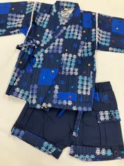 «花ラブリ» BKJ309B90B　☆しっかりパンツ☆　新品　子供用　キッズ　ボーイ　男の子　甚平　90cm コットン100%  　市松　水色　ブルー　青　ネイビー　紺　スカル柄　どくろ　カジュアル　パジャマ　ねまき　寝巻　リラックスウェア