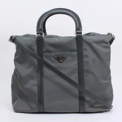 PRADA 2WAY レザー×ナイロン カーキグリーン トートバッグ シルバー 1BG057