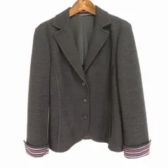 #w レリアン Leilian ジャケット 9号 ダークグレー ピンク 白 ストライプ ボーダー ウール テーラード 日本製 レディース 920112 k01