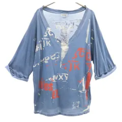 DIESEL ディーゼル 総ロゴ 5分袖 Vネック カットソー XS 青紺 レディース 古着