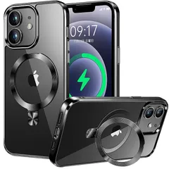 【CD MagSafeリング・スタンド一体】iPhone12 用クリアケース[MagSafe対応・隠しスタンド] [本体の色・メッキバンパー]ストラップホール付き 角度調整可 米軍MIL規格取得・耐衝撃 アイホン12透明ケース スマホケース12 人気 6.