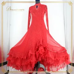 社交ダンス 衣装 スタンダード ドレス ワンピース レッスンウェア レディース オールシーズン 赤 レッド prima boutique プリマブティック ラインストーン 長袖 ラウンドネック シャイニー おしゃれ 高品質 演出用 パーティー 競技用