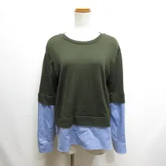 ズッカ zucca 長袖 レイヤード風 カットソー ニット切替え M カーキ×ブルー 青 布帛シャツ 日本製のサムネイル