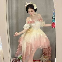 ロリータ ワンピース 長袖 コスプレ 衣装  ハロウィン 仮装 クリスマス 4点セット:ミニスカート+花+しっぽ+大きなリボン  コスプレ衣装  貴族風 白 ジャガード レース チュール 姫 ドレス ゆめかわいい  ボリューム lolita cosplay
