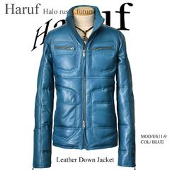 【送料無料】レザージャケット レザーダウンジャケット ダウンジャケット ダウンコート 革ジャン メンズ 本革 ライダースジャケット レザーダウン ラムレザー ライダース シングル レザーコート メンズアウター 本物ダウン ブルー 青 秋冬 US119BLU