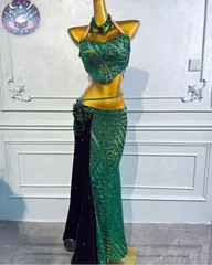 新品 未使用 新作 ベリーダンス オリエンタル衣装 グリーン ブラ スカート オーダーメイド