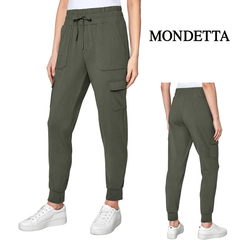 新品 S ★ コストコ MONDETTA モンデッタ レディース カーゴ ポケット ジョガー パンツ カーキ US-XS ストレッチ スポーツ ウエストゴム ロングパンツ 伸縮 Women’s Peached Cargo Jogger