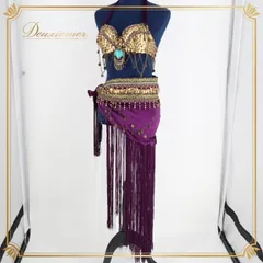 ベリーダンス トライバル 衣装 パープル系 紫 ゴールド系 ダンス 装飾 フリンジ ベロア ラメ 練習 舞台 発表会 イベント コスチューム ダンス衣装 セット トップス ベルト おしゃれ かわいい 競技会 フェスティバル