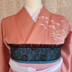 OB.187　着物 おしゃれ着こなし　帯飾り　成人式　前撮り　卒業式　袴　浴衣　ライトターコイズ・黒シルバー・黒　フリル