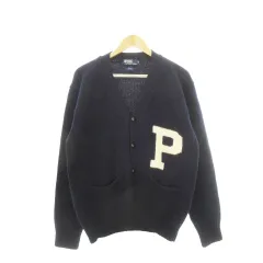 ポロ バイ ラルフローレン Polo by Ralph Lauren ニットカーディガン Vネック 長袖 Pロゴ インターシャ ウール 厚手 L 紺 ネイビー /AH14 ■GY44