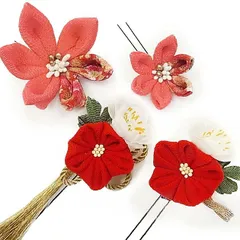 髪飾り 成人式 つまみ細工 赤 ゴールド 振袖 前撮り 袴 花 白 ピンク 緑 ちりめん 房 組紐 和柄 大きい 小さい 4点セット 着物 No.9-4066