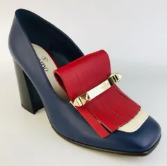 美品★VALENTINO GARAVANI・ヴァレンティノ ガラヴァーニ レディース レザー ロゴ刻印ゴールド ロックスタッズ フリンジ付き チャンキーヒール パンプス (36 1/2) ブランド イタリア製 レディース 靴 オシャレ ブルー レッド 太ヒールのサムネイル