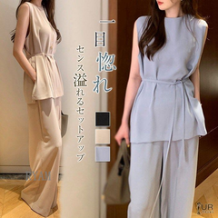 セットアップ レディース ワイドパンツ タンクトップノースリーブブラウス 春 夏 トップス パンツ ロング丈 ブラウス ロングパンツ フォーマル ハイウエスト 上品 2点セット 高級感 涼しい 着痩せ