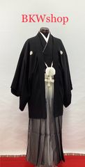 <現品限り>新品未使用　正絹　羽織・着物　黒羽二重　丸に違い鷹の羽・　used　正絹　袴　黒ラメ　グラデーション　暈し　2.35寸（165cm～）　3点セット　紋付　成人式　結婚式　新郎様　仲人　男着物　催事　式典　お祭り　黒　入学式　卒業式