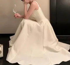 ウェディングドレス ミモレ丈スカート スクエアカット キャミソール パーティードレス Aライン チュール 大人 結婚式 花嫁 ブライダル 二次会 披露宴 ヘップバーンスカート ホワイト 0634