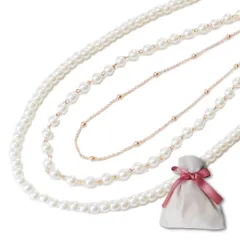 [masamilk] ロングネックレス 3連 ポーチ付き イミテーションパール 結婚式 パーティ お呼ばれ フォーマル (ゴールド) [ゴールド]