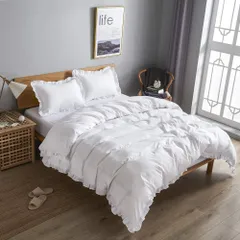 【在庫処分】HOdo Home 布団カバー ダブル 4点セット 掛け布団カバー ベッドカバー 枕カバー ベッドシーツ ボックスシーツ 洋式・和式兼用 寝具カバーセット フリル付き ピーチスキン加工 洗い替え 速乾（ダブル ホワイト）