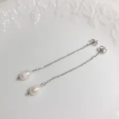 【新品】ステンレス　淡水　パールチェーンピアス　シルバー　チェーン
