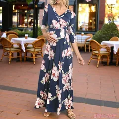 インポート ワンピース マキシ 7分袖 Vネック ハイウエスト切替 ウエストリボン LAアパレル 花柄 S.M.L ネイビーブルー from USA HM240719LA001