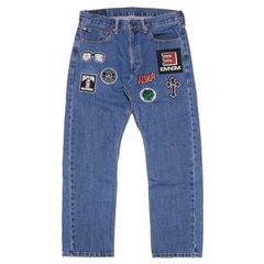 LEVI'S 505 CUSTOM JEANS 6【34inch】【WASH BLUE】 (リーバイス  デニム ジーンズ ワッペン カスタム リメイク ヒップホップ HIP HOP)